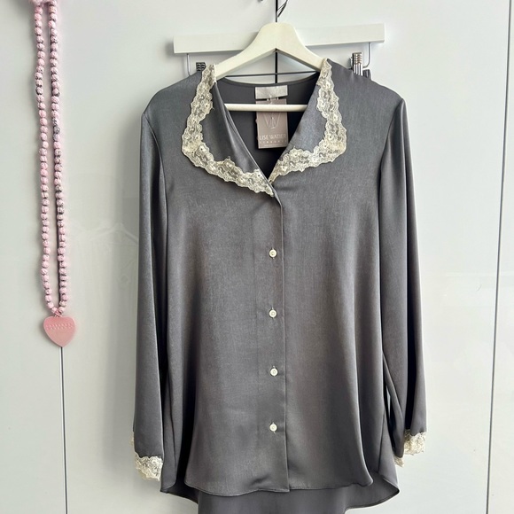 LISE WATIER Lingerie Satin Silky Pajama Set Medium Gray Loungewear - Picture 4 of 17